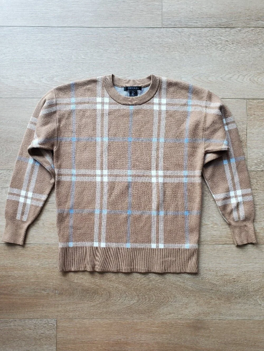 Tahari Tan Plaid Crewneck Sweater with White and Light Blue Accents- Medium
